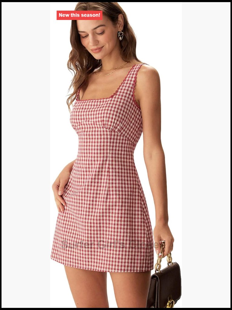 Rihoas Gingham Mini Dress Square Neck Spaghetti Strap A-Line Retro Cotton Dress